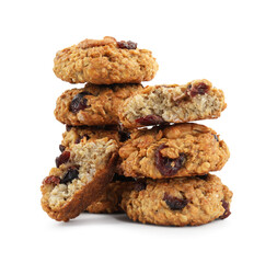 Delicious oatmeal cookies with dried cranberries and nuts isolated on white
