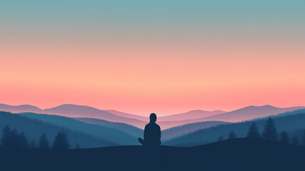 A serene image of a person sitting quietly on a hill overlooking a valley at dusk. Serene Valley. Illustration