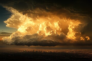 A massive, ominous storm cloud looms over a sprawling city at sunset, casting a dramatic, golden light.