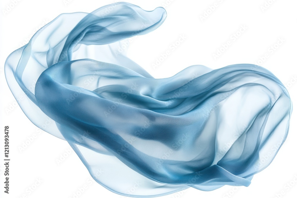 Poster a piece of light translucent fabric in a soft blue color floating and twisting in mid-air
