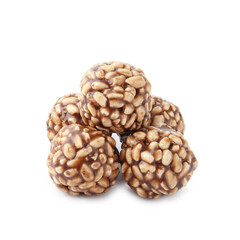 Delicious chocolate puffed rice balls isolated on white