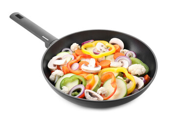 Frying pan with mix of vegetables and mushrooms in air isolated on white