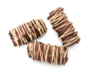 Delicious chocolate puffed rice bars isolated on white, top view