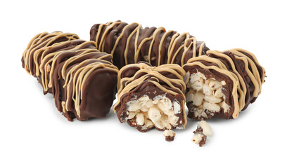 Delicious chocolate puffed rice bars isolated on white