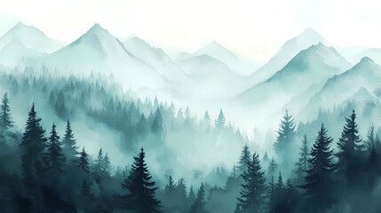 Obraz premium A serene watercolor landscape featuring misty mountains and lush coniferous forests, evoking tranquility and nature's beauty. Serene Valley. Illustration