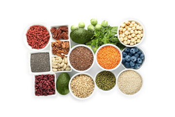 Superfood. Different healthy food products isolated on white, top view