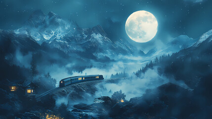 Fototapeta premium train travels misty mountain