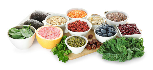 Superfood. Different healthy food products isolated on white