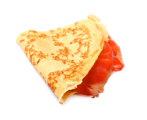 Delicious crepe with salmon isolated on white