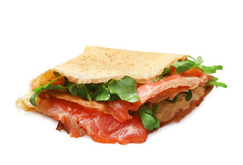 Delicious crepes with salmon and arugula isolated on white
