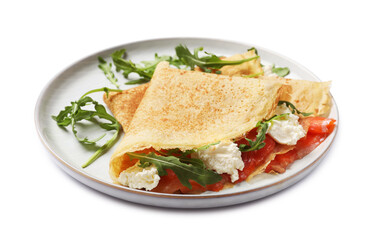 Delicious crepes with salmon, cream cheese and arugula isolated on white