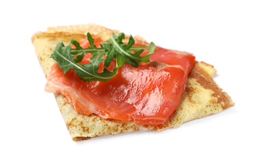 Delicious crepe with salmon and arugula isolated on white