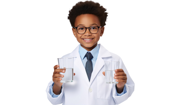 A young black boy wearing a lab coat and glasses is holding a beaker on a transparent background