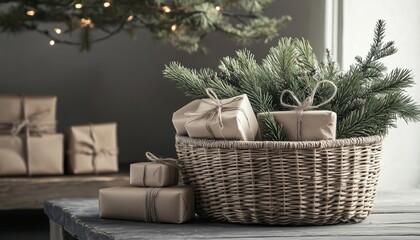 Festive Cheer: Elegant Christmas Presents, Country Basket With Evergreen Branches, And Contemporary Ornaments On Table. Cozy Scandinavian Holiday Scene.