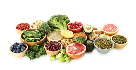Many different superfood products isolated on white