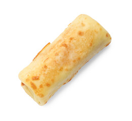 One delicious rolled crepe isolated on white, top view