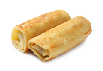 Two delicious rolled crepes isolated on white