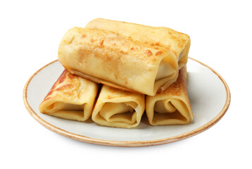 Many delicious rolled crepes isolated on white