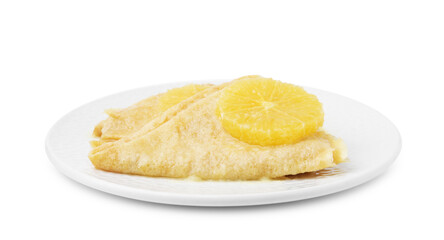 Delicious Crepes Suzette dessert on white background