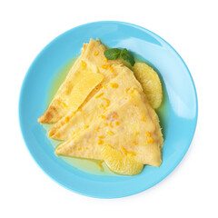 Plate with tasty crepes Suzette isolated on white, top view