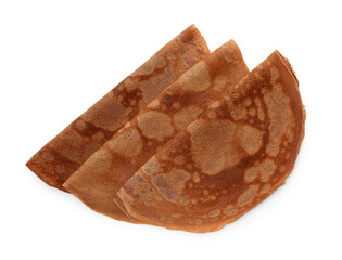 Delicious chocolate crepes isolated on white, top view