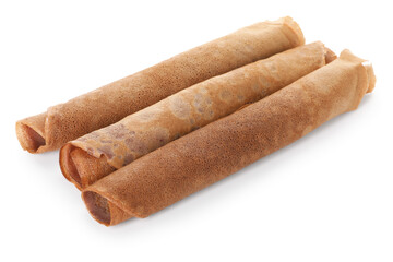 Rolled delicious chocolate crepes isolated on white