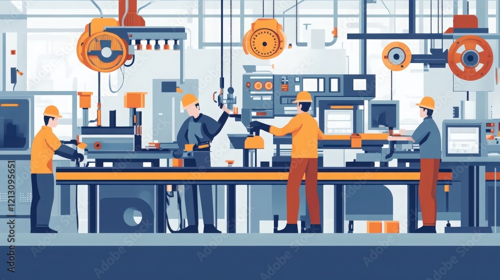 Poster manufacturing production line with workers operating machinery and computer screens in factory
