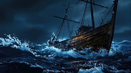 Fototapeta premium A vintage illustration of a fishing boat sailing through stormy weather, vintage fishing boat, nautical scene, waves crashing