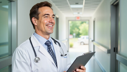 Fototapeta premium Smiling doctor holding clipboard in hospital hallway, healthcare warmth