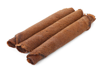 Rolled delicious chocolate crepes isolated on white