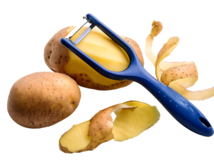 Potatoes peels and peeler isolated on white background, potatoes transparent png