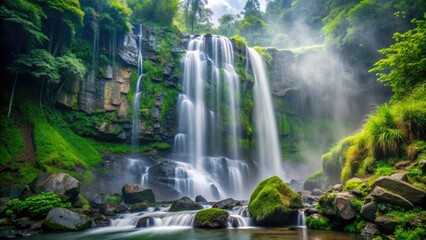 A waterfall cascading down a rocky cliffside with lush greenery and mist in the air, body of water, river feature, nature, rock formations, waterfalls