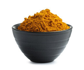 Turmeric powder in bowl isolated on white
