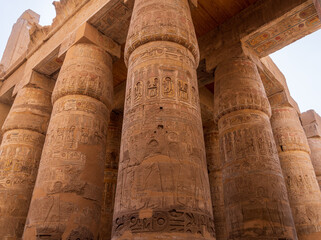 Detail of the carvings on the numerous stone columns supporting roof of Karnak Temple near Luxor