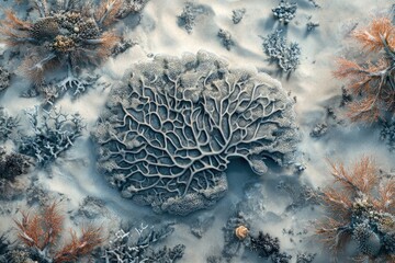Obraz premium Intricate skeletal structure of a dead brain coral surrounded by various seaweeds and corals on a sandy seabed.