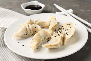 Delicious gyoza dumplings with sesame seeds served on grey table, closeup