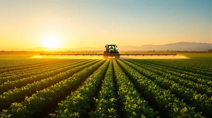 Fotobehang A tractor sprays a pesticide or fertilizer across a vast, neatly-rowed agricultural field at sunset © Jeannette