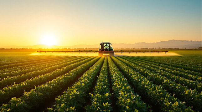A tractor sprays a pesticide or fertilizer across a vast, neatly-rowed agricultural field at sunset - Powered by Adobe