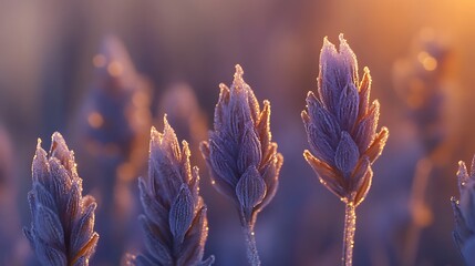 Frost-covered lavender buds with tiny icicles, captured in a soft winter morning light.