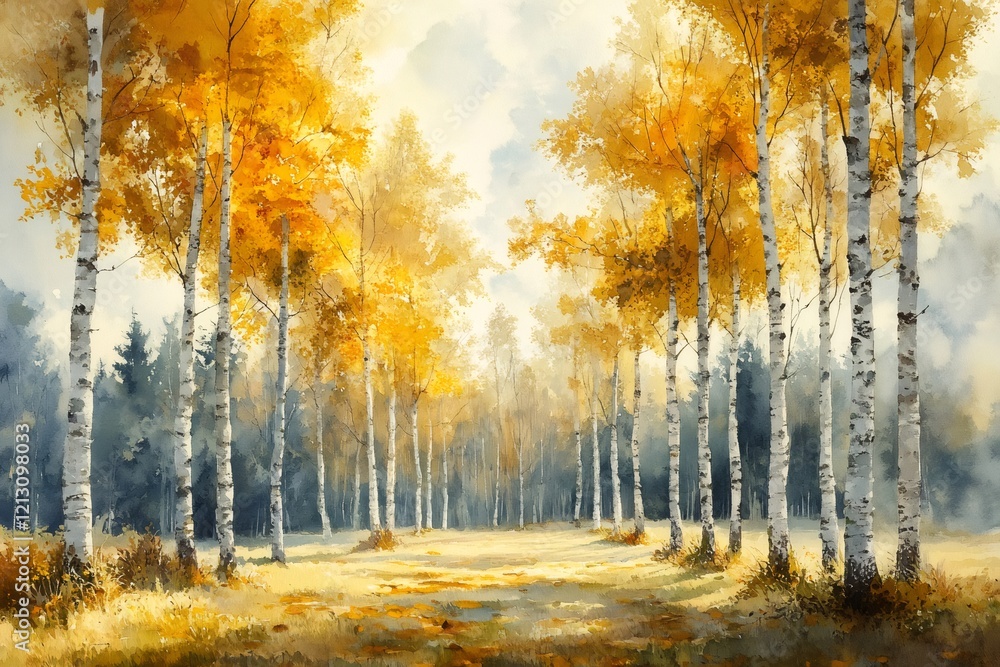 Poster golden autumn forest with bright yellow birch trees creating a tranquil path