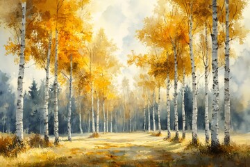 Fototapeta premium Golden autumn forest with bright yellow birch trees creating a tranquil path