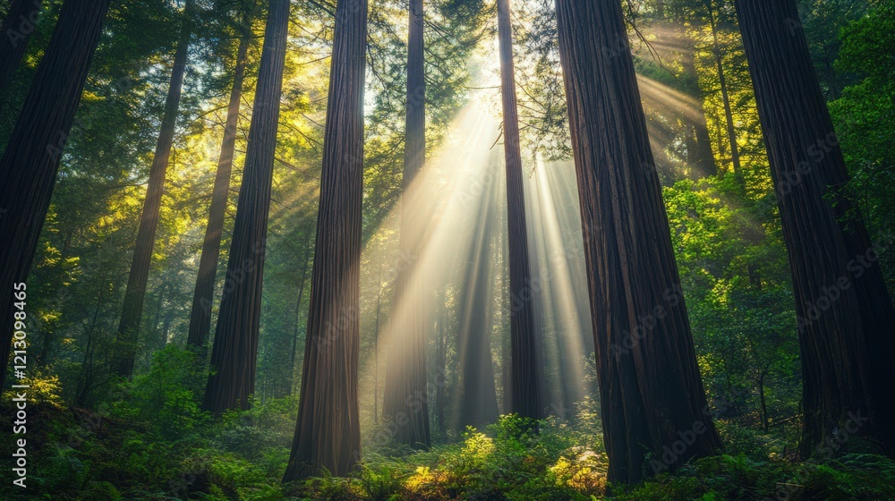 Poster sunlight filters through tall trees in a lush forest creating light rays