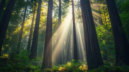 Fototapeta premium Sunlight filters through tall trees in a lush forest creating light rays