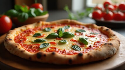 Freshly Baked Margherita Pizza With Basil and Tomatoes on a Wooden Table During Afternoon Light