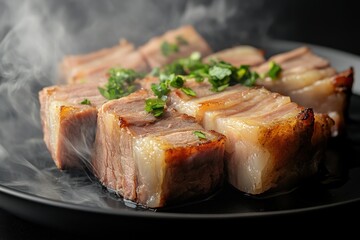 Charred lard with meat on a plate against a dark backdrop Ukrainian dish Smoked lard and
