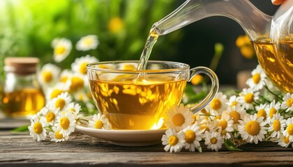 Woman'S Hand Gracefully Pouring Soothing Chamomile Tea From A Teapot Into A Cup Placed On A Kitchen Table, Creating A Serene Atmosphere.