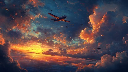 Naklejka premium Scenic evening sky with glowing clouds and an airplane in flight