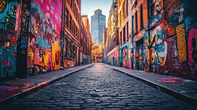 Fototapeta Cobbled urban alley with vibrant graffiti art and city view.