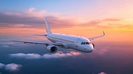 Naklejka premium Vivid sunset hues framing an airplane crossing the tranquil sky