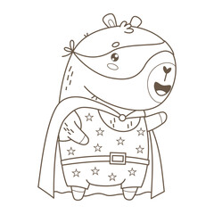 Outline Capybara Superhero in Mask and Star Cloak. Funny Cartoon kawaii animal. Line drawing, coloring page. Vector illustration. Kids collection